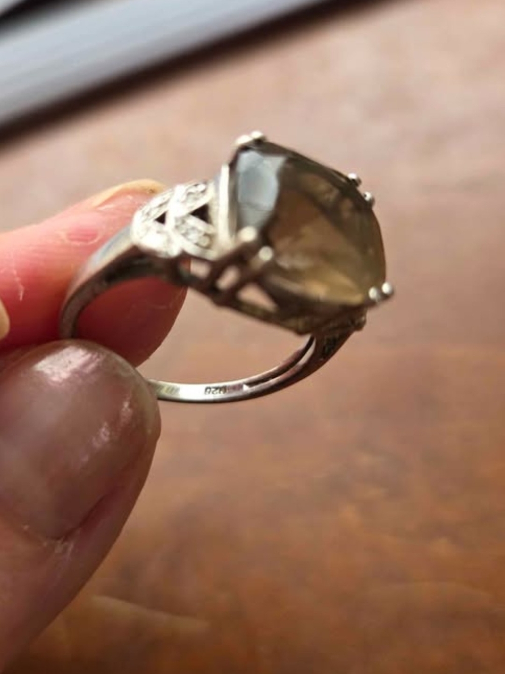 Smoky Quartz Vintage-Style Silver Ring - Gray Brown Gem Size 8